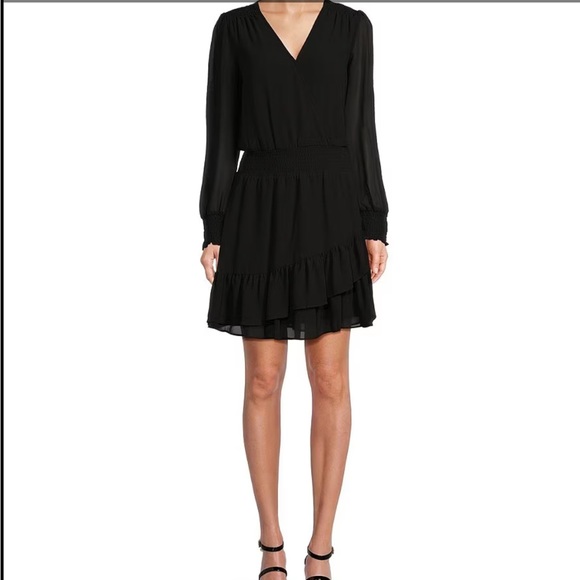 Michael Kors ruffle hem smocked waist faux wrap dress. Black. Medium - Picture 1 of 6